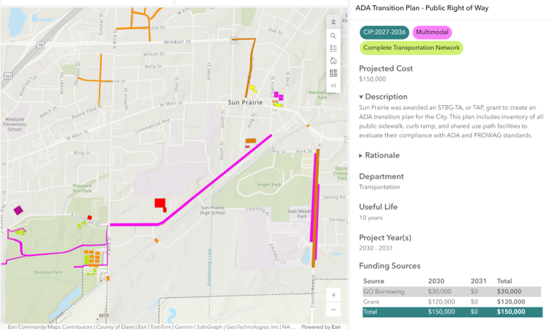 A screenshot taken from the new CIP Dashboard. Includes map of ADA Transition Plan.