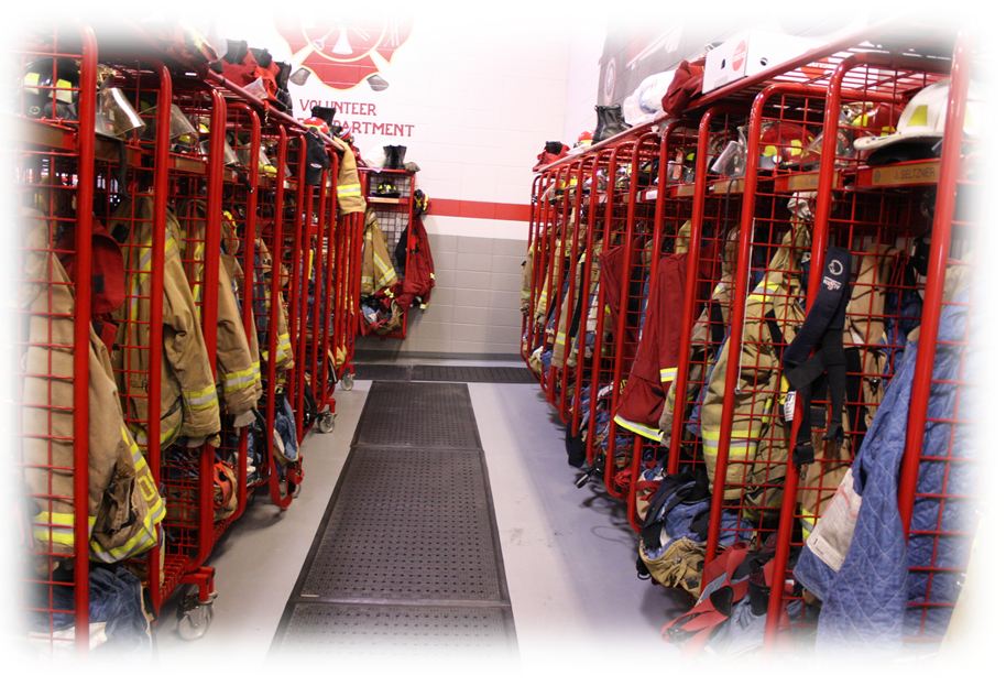 A room in a Fire Station containing the firefighters gear